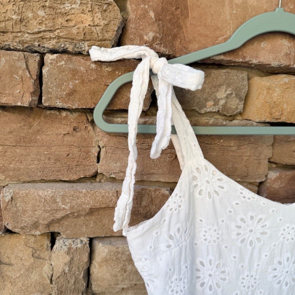 Lulus M White Eyelet Cotton Tie Strap Tiered Midi Dress Womens Graduation Easter - Picture 7 of 15